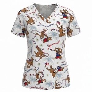 Rare Vintage 90s Cartoon Network Scooby Doo Patriotic Theme Scrub Top Size M